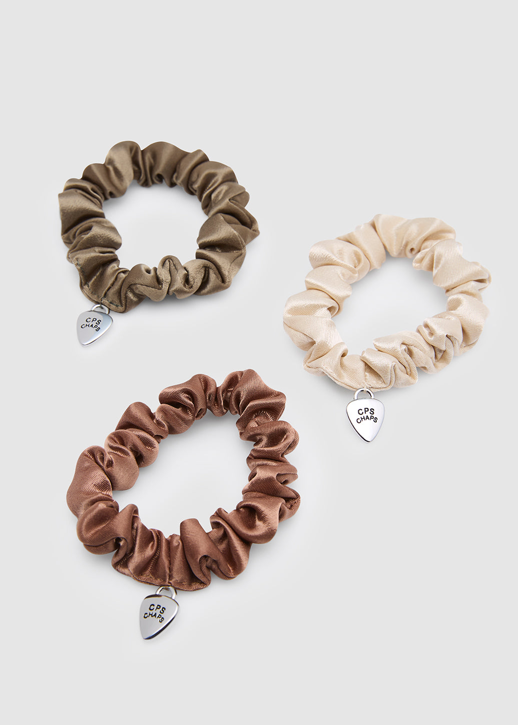 SILVER CHARM SATIN SCRUNCHIES
