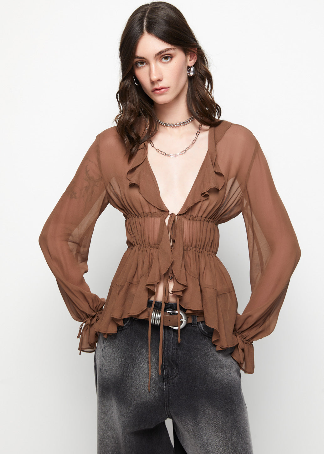 BROWN RUFFLE BLOUSE - CPS Chaps Official Store