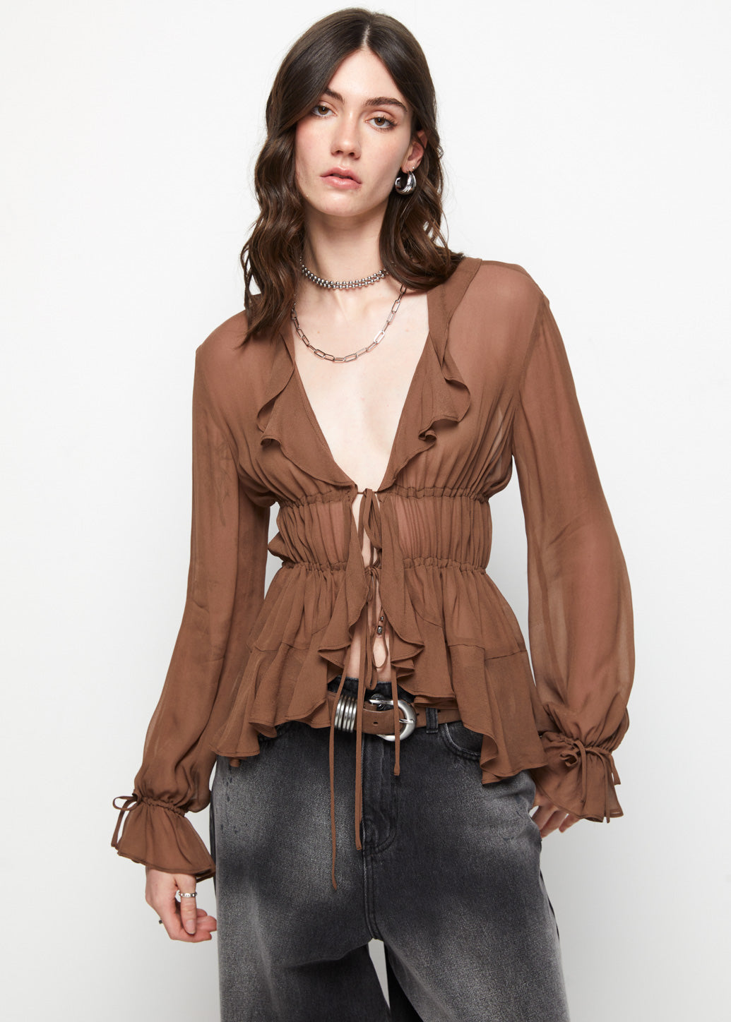 BROWN RUFFLE BLOUSE - CPS Chaps Official Store