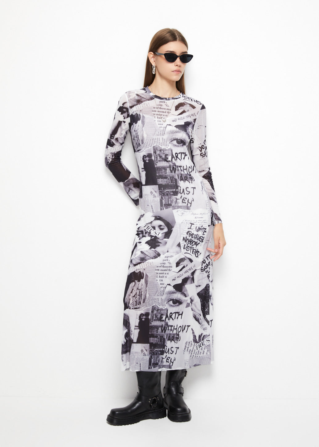 NEWSPAPER MESH MAXI DRESS - CPS Chaps Official Store