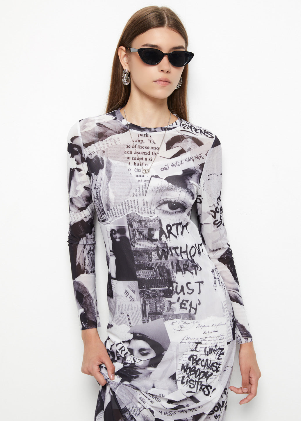 NEWSPAPER MESH MAXI DRESS - CPS Chaps Official Store
