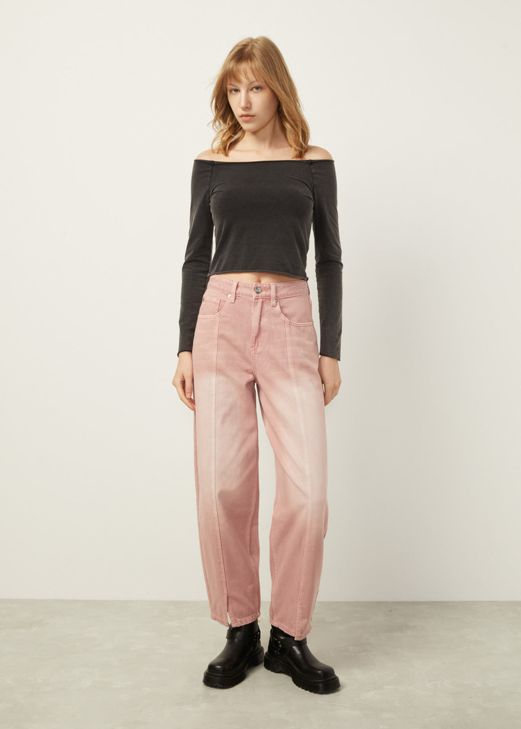 PINK WASHED BARREL LEG JEANS
