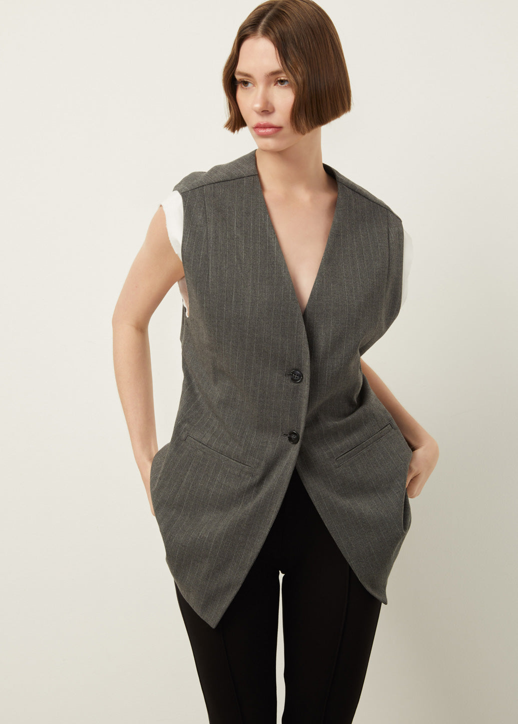 PINSTRIPE SLEEVELESS BLAZER