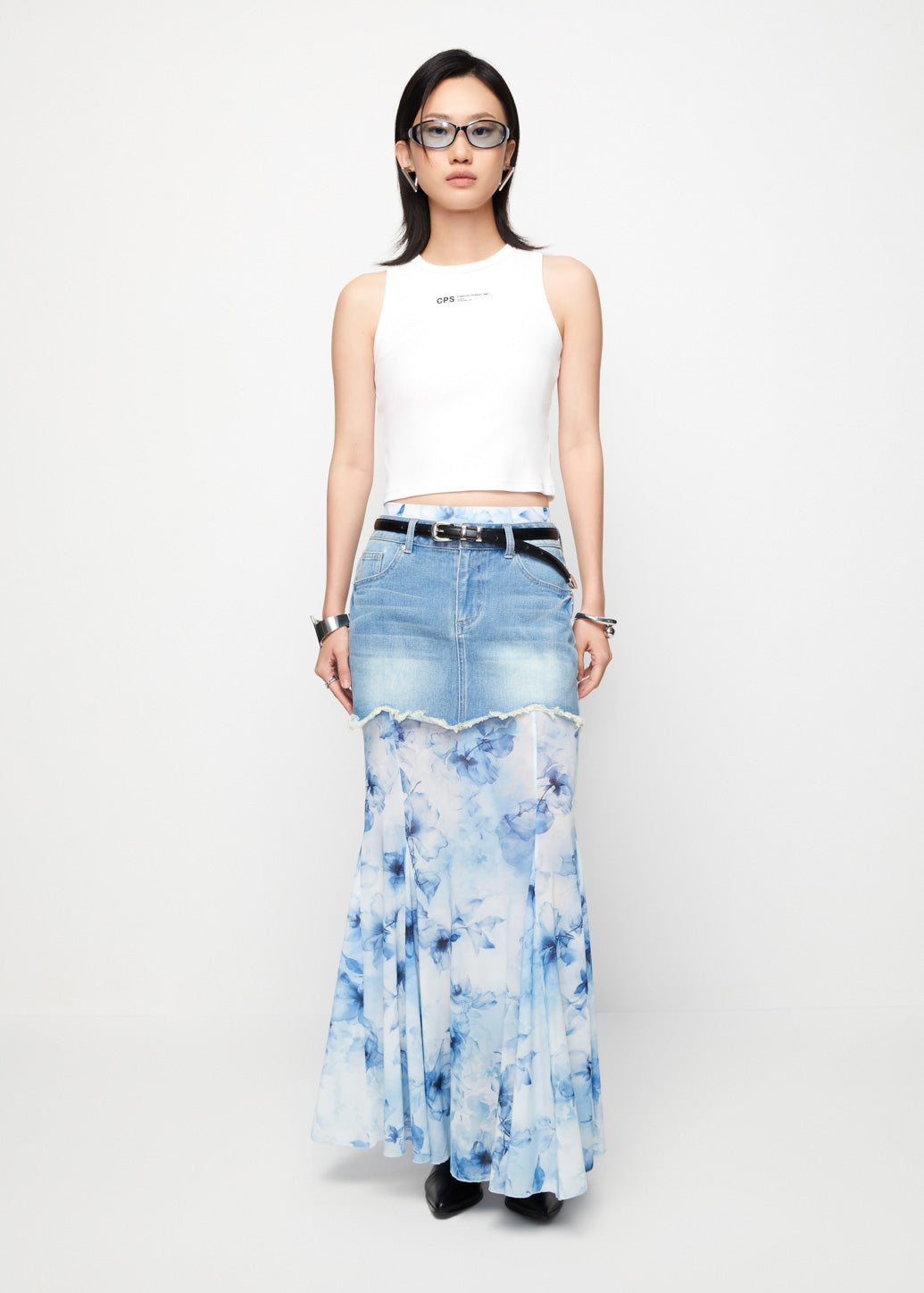 SHEER FLORAL DENIM SKIRT