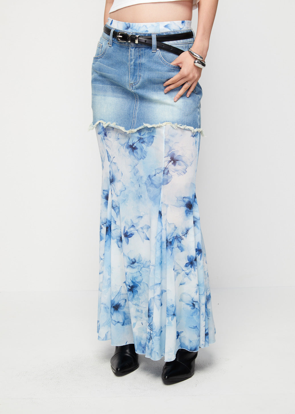 SHEER FLORAL DENIM SKIRT