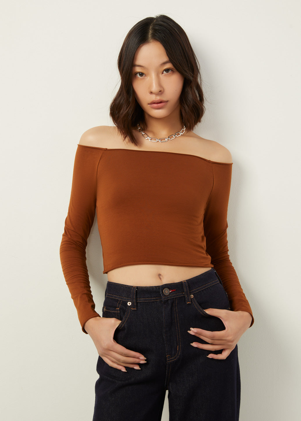 SOLID OFF SHOULDER LONG SLEEVE TOP
