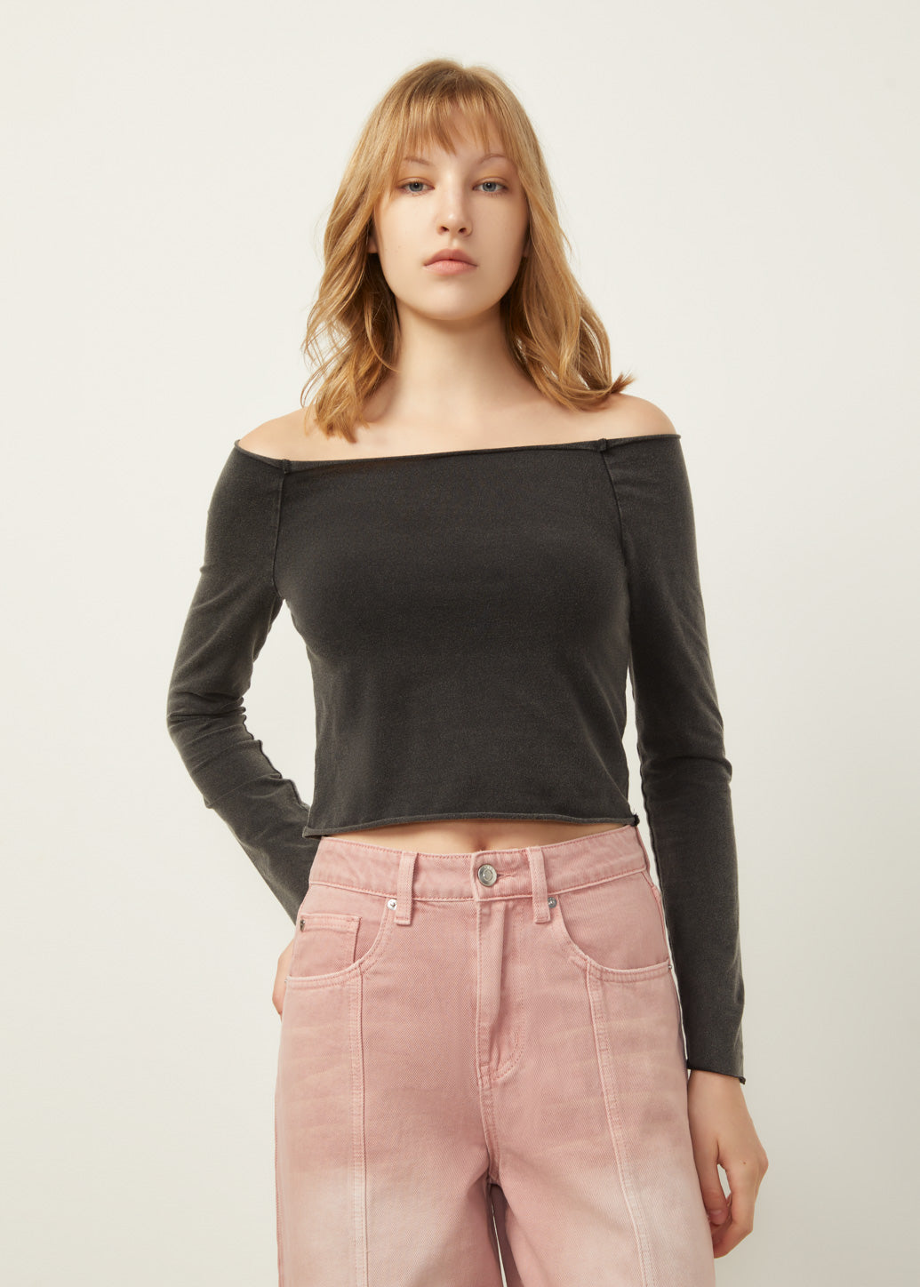 WASHED OFF SHOULDER LONG SLEEVE TOP