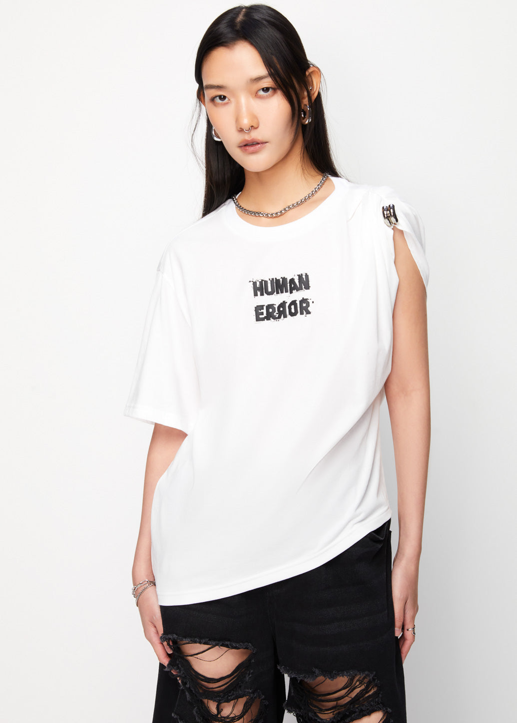 ASYMMETRIC SHOULDER RUCHED TEE