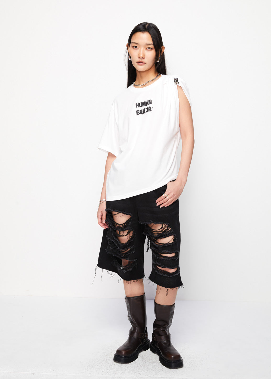 ASYMMETRIC SHOULDER RUCHED TEE