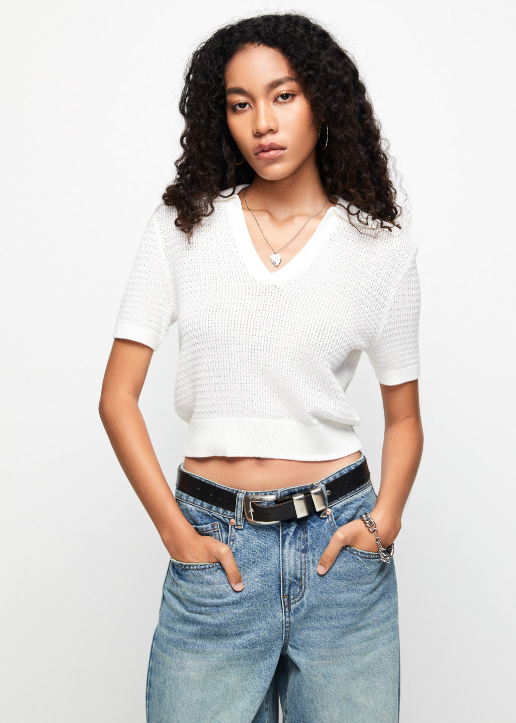 OPEN COLLAR KNITTED PULLOVER