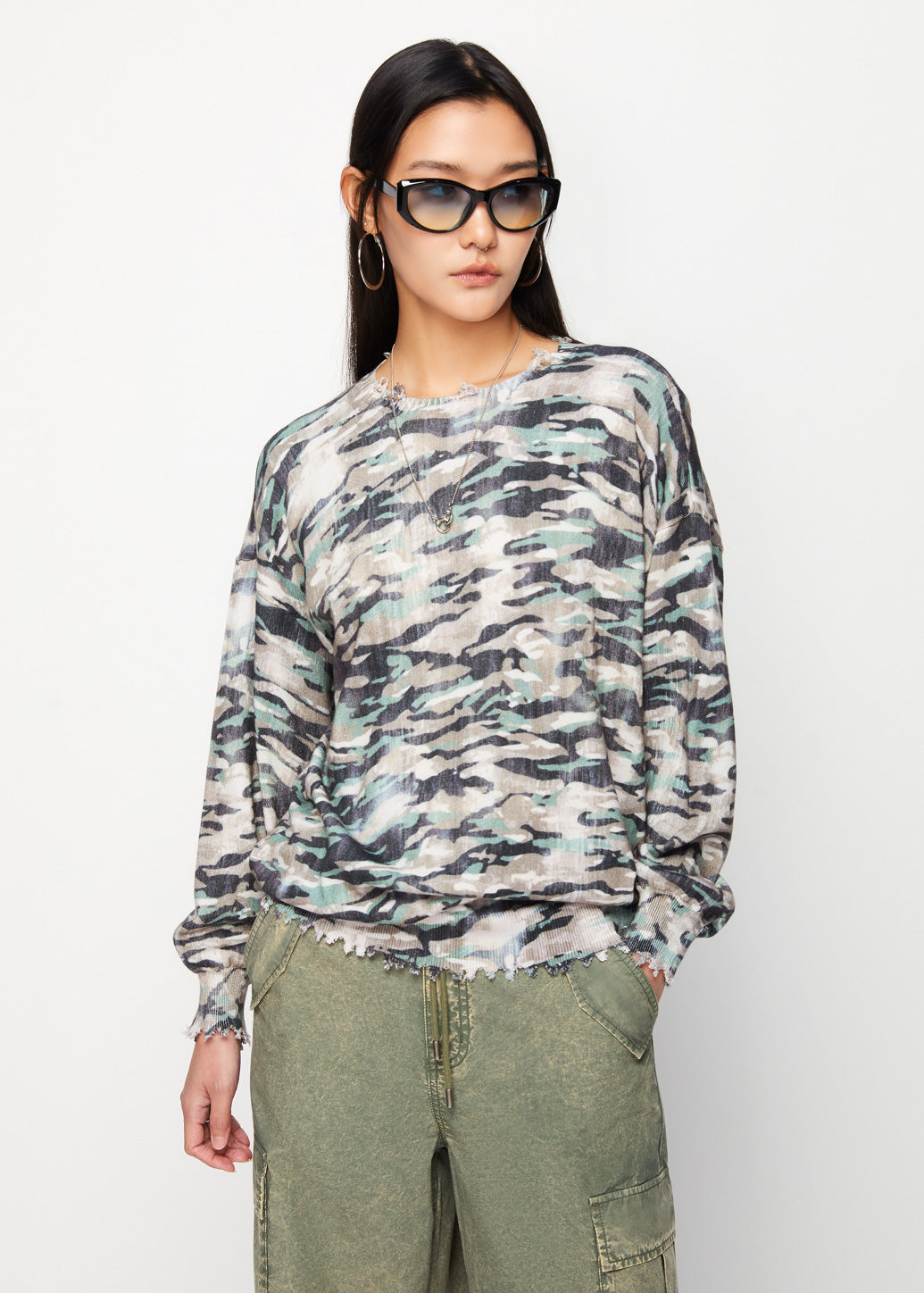 CAMOUFLAGE DISTRESSED SWEATER