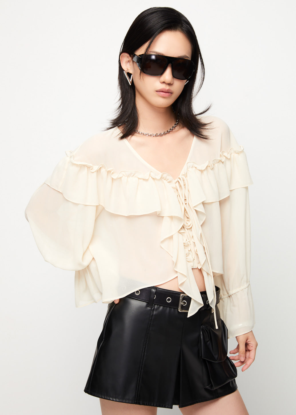 LACE UP RUFFLE BLOUSE