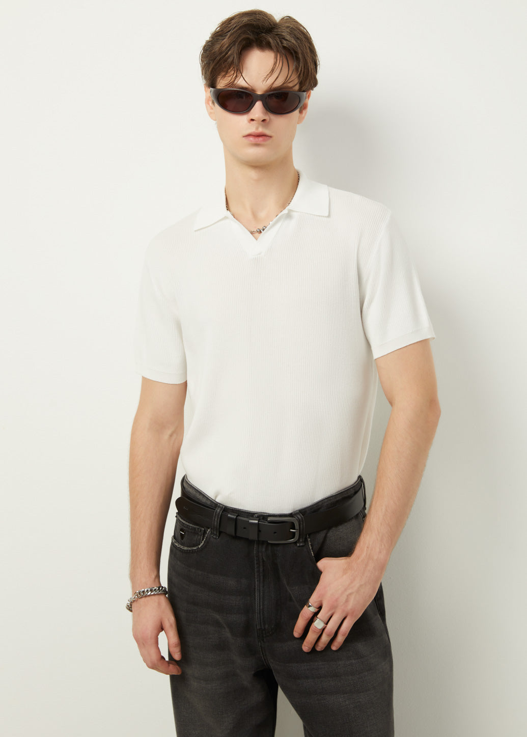 RIBBED OPEN COLLAR POLO