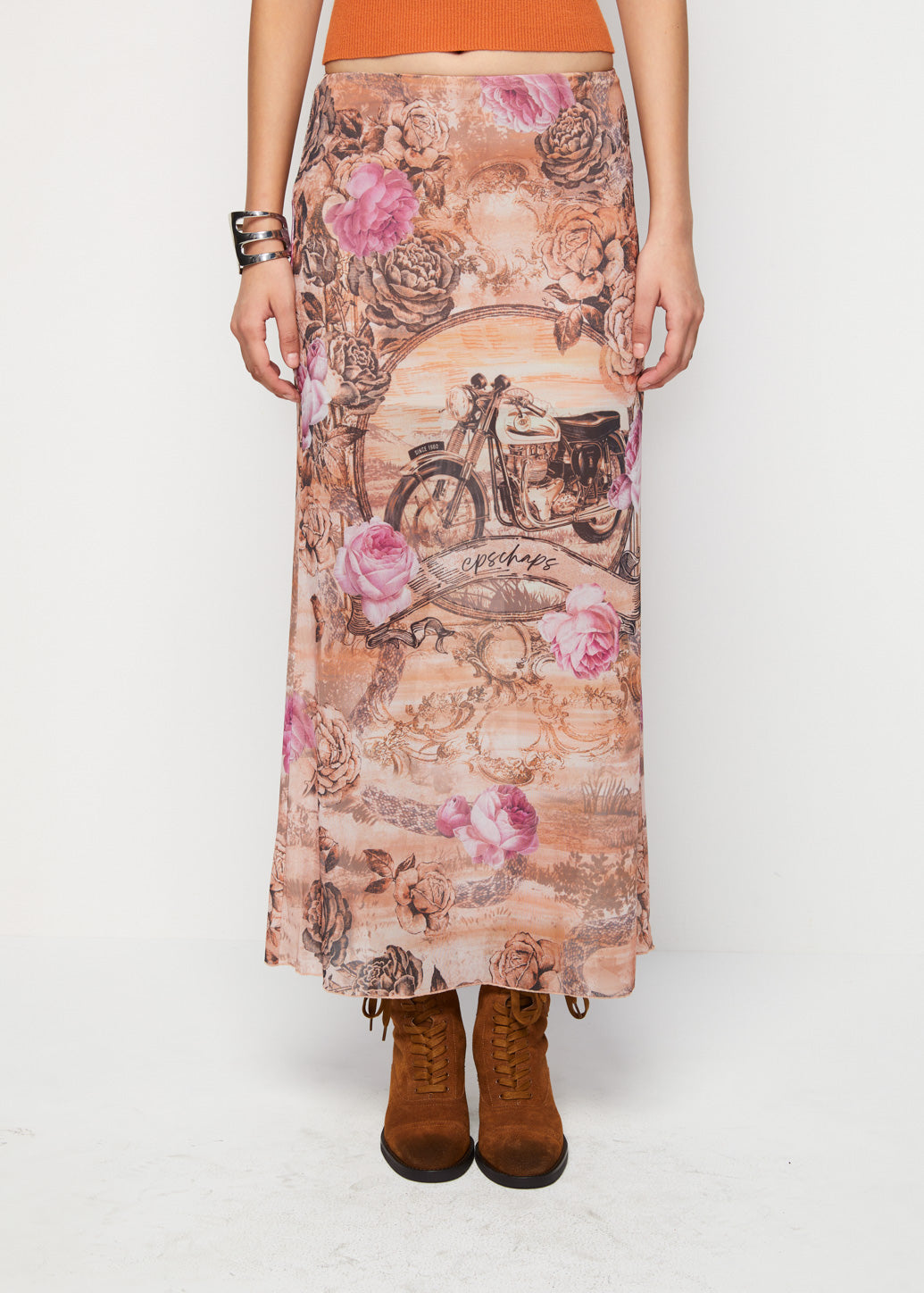 VINTAGE MOTORCYCLE GRAPHIC MAXI SKIRT