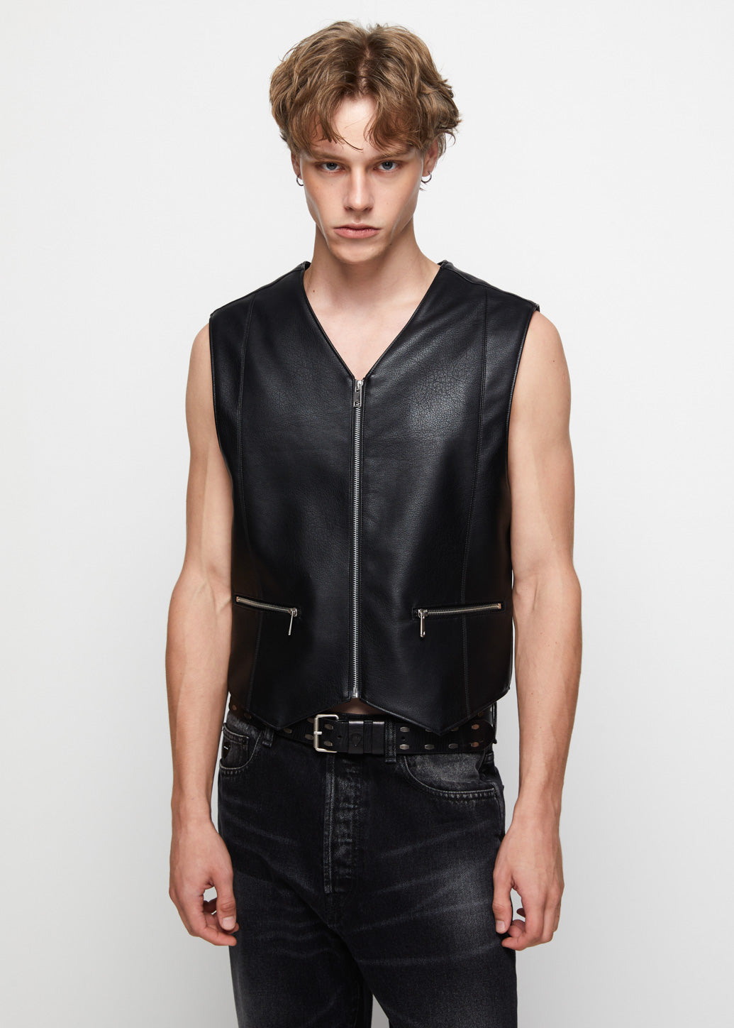 ZIPPED LEATHER VEST Black / XL