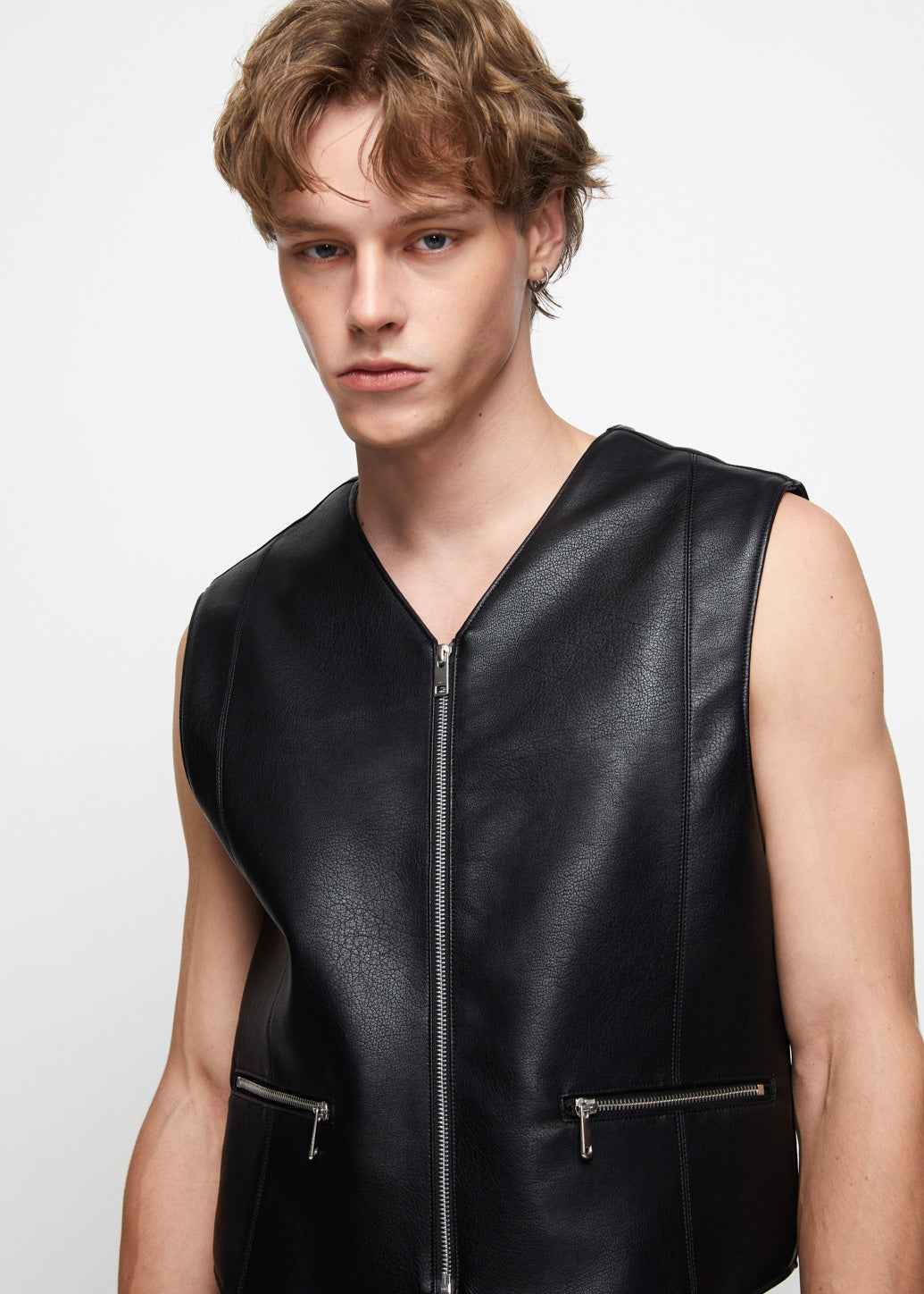 ZIPPED LEATHER VEST Black / XL