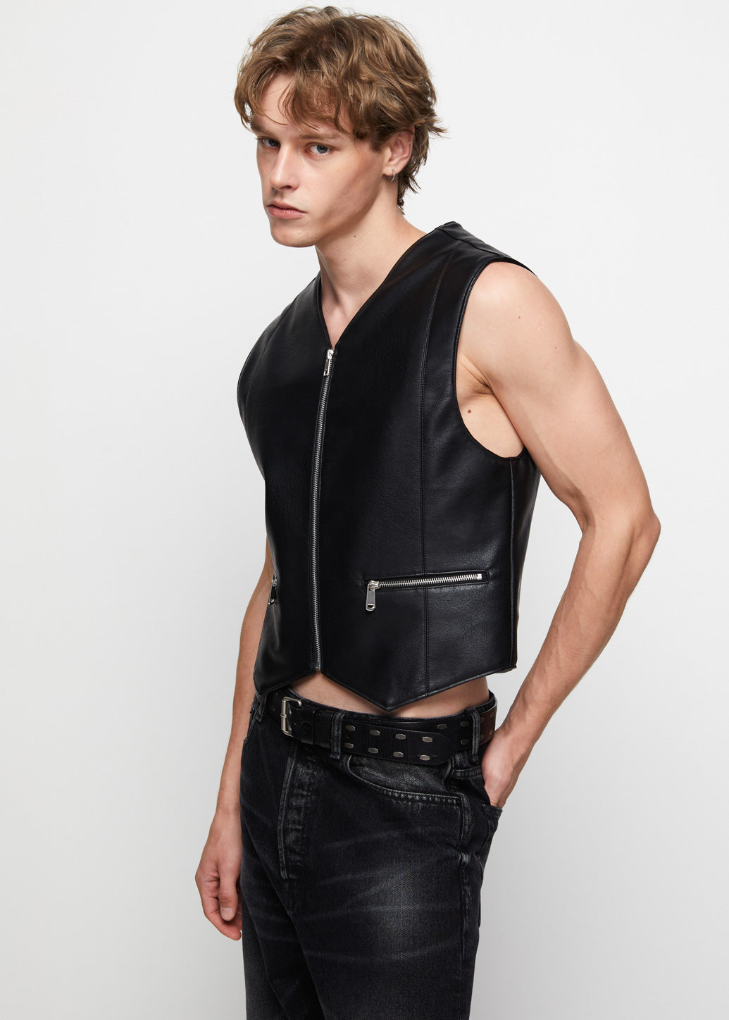 ZIPPED LEATHER VEST Black / XL