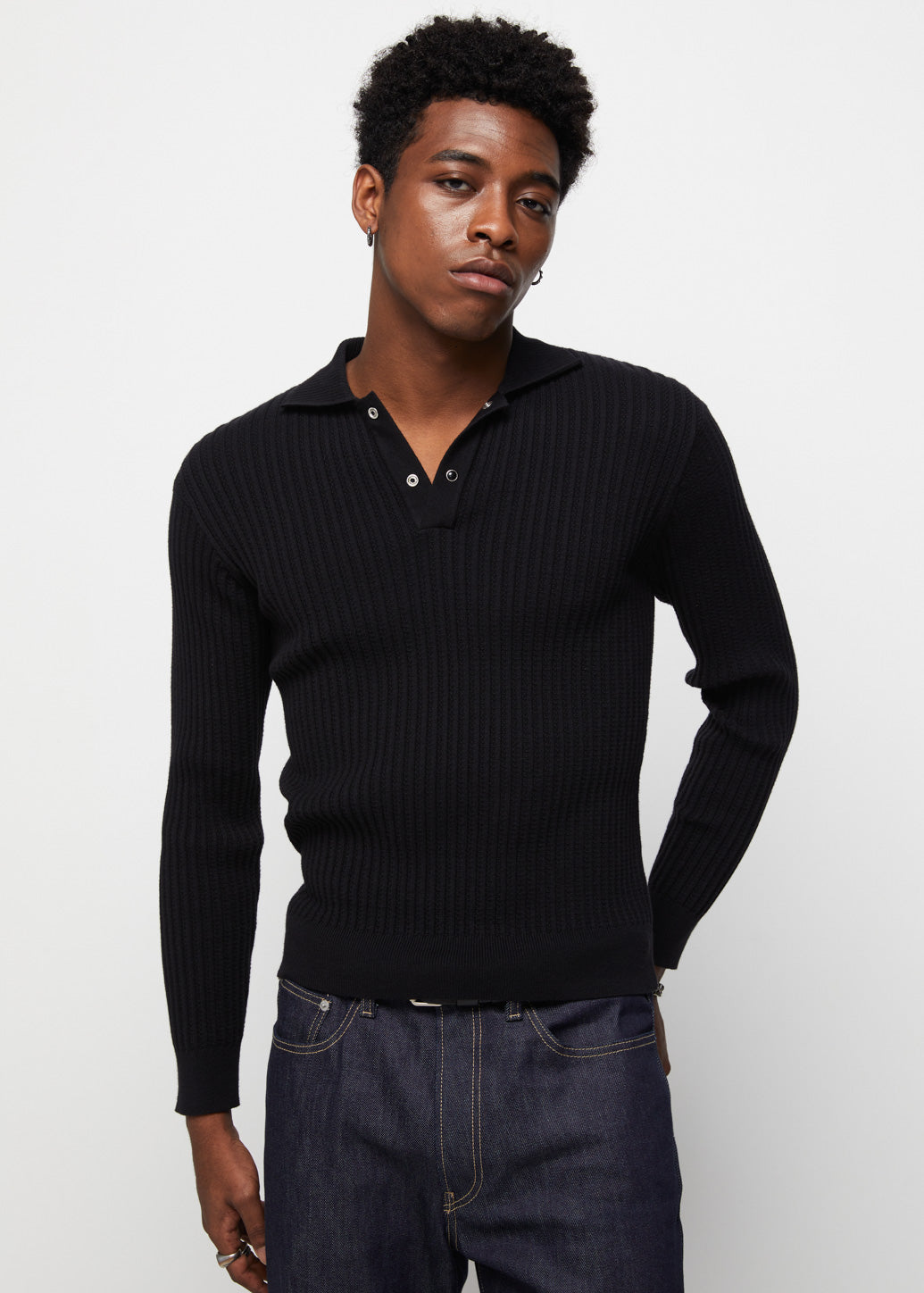 CABLE KNIT LONG SLEEVE POLO Black / XL