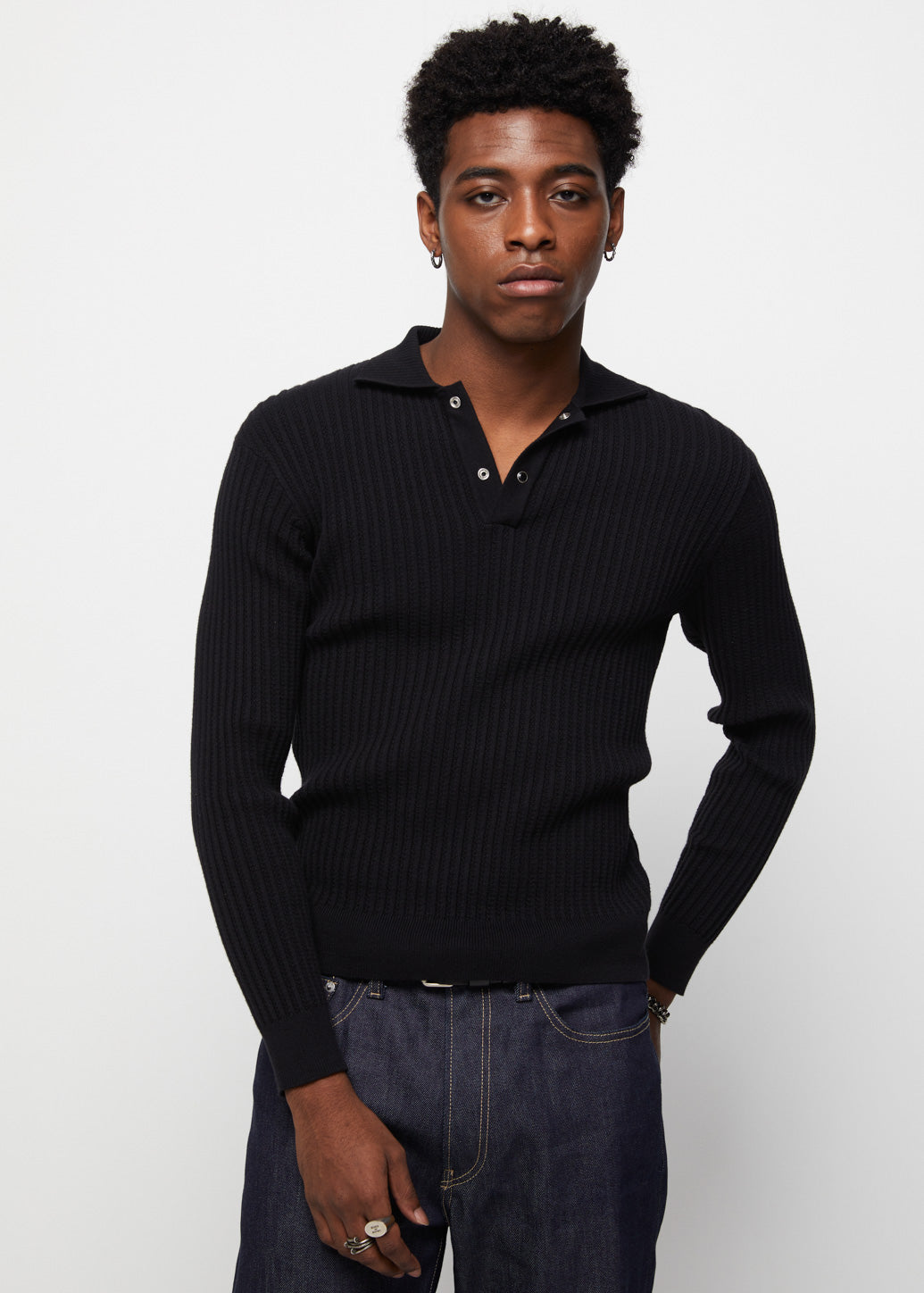 CABLE KNIT LONG SLEEVE POLO Black / XL