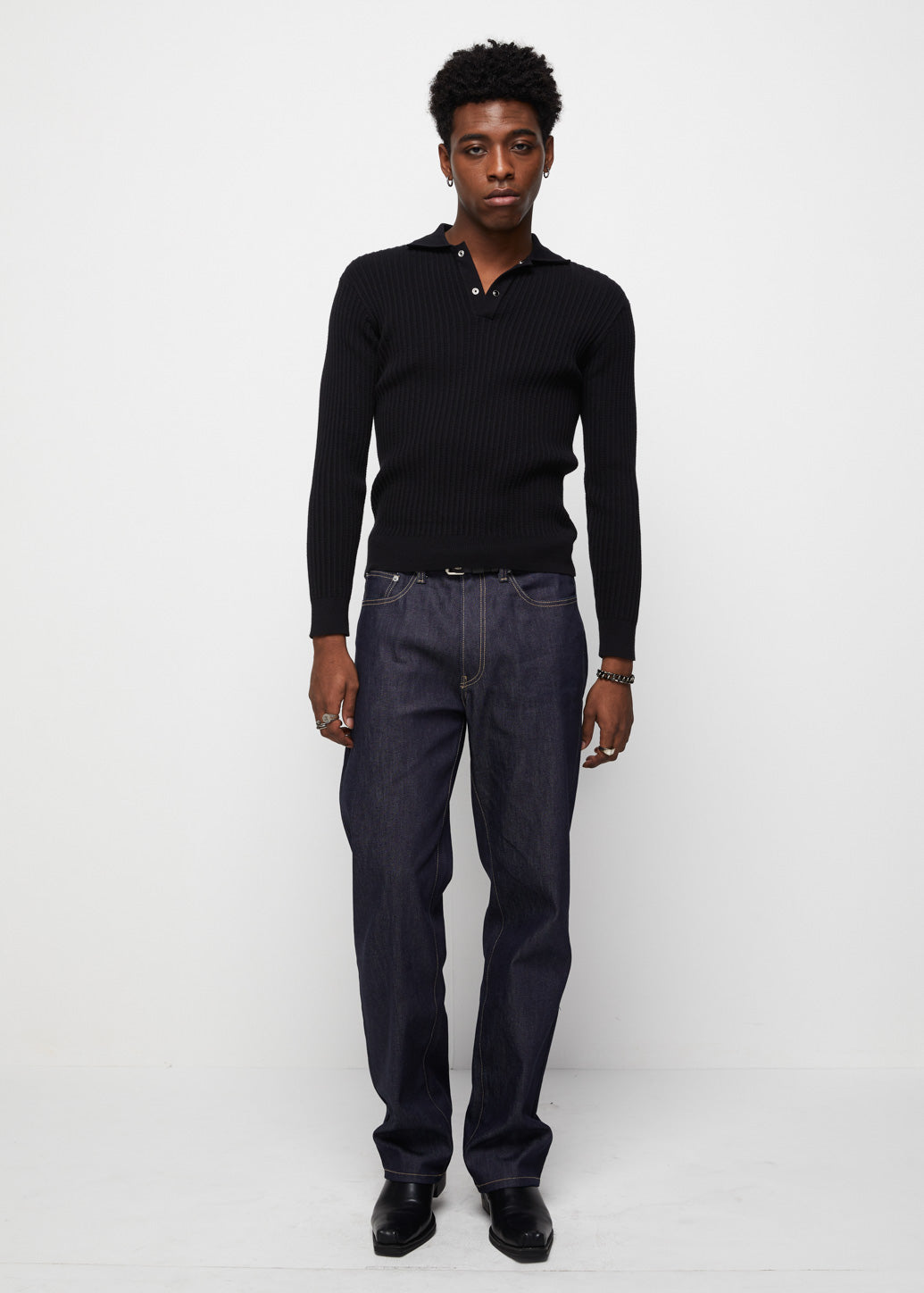 CABLE KNIT LONG SLEEVE POLO Black / XL