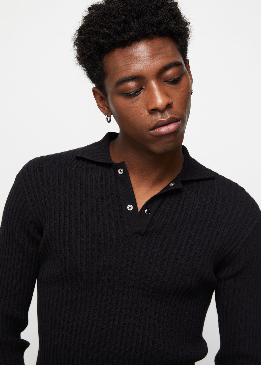 CABLE KNIT LONG SLEEVE POLO Black / XL