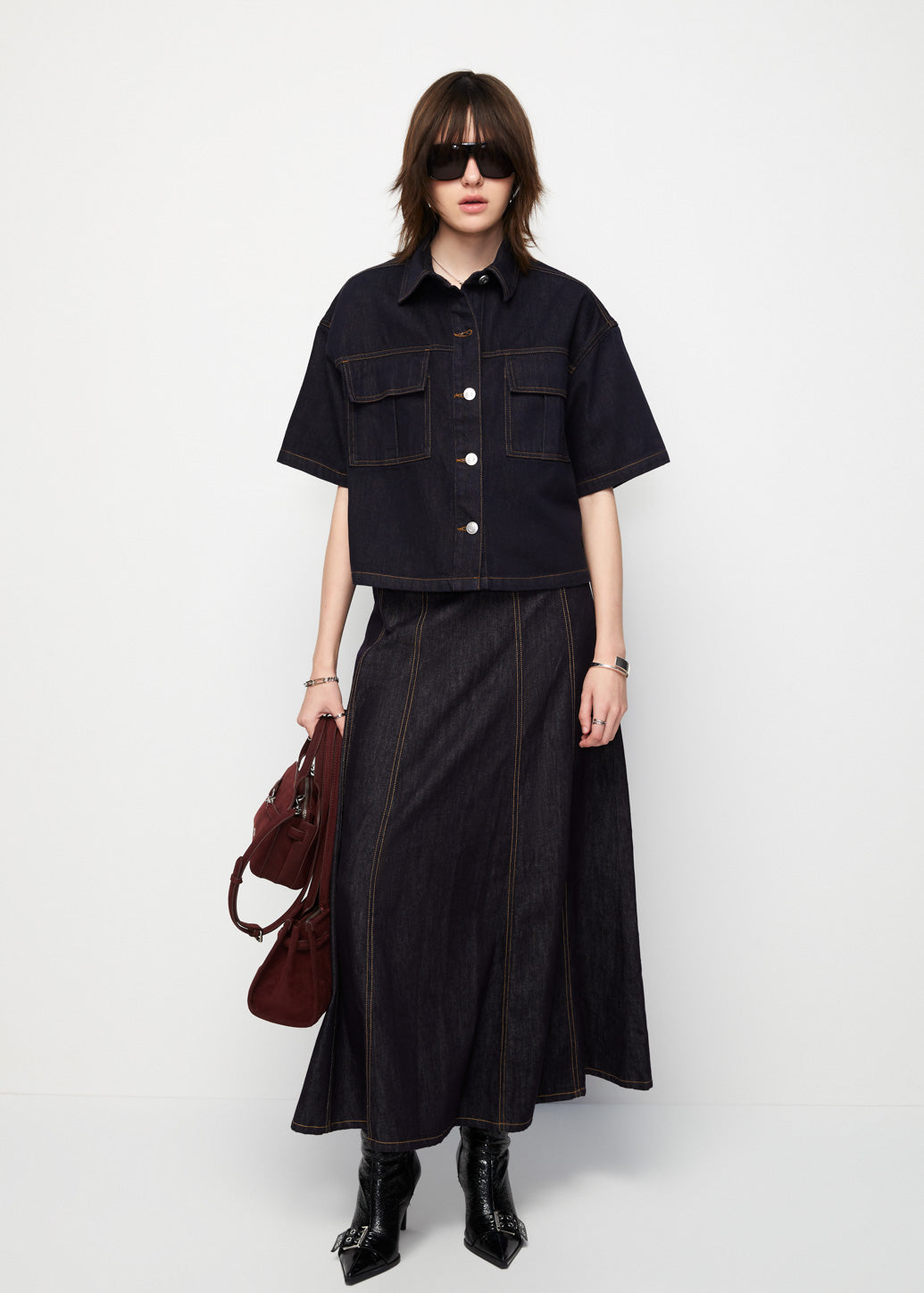 A-SHAPE DENIM MAXI SKIRT