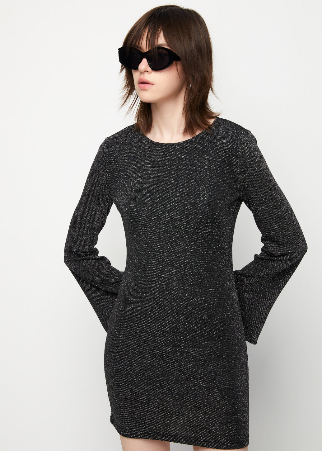 SHIMMER BELL-SLEEVE MINI DRESS